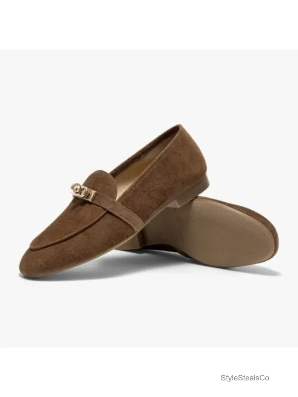 Suede Leather Loafers with Metal Buckle Slip-On Low Heel Work Shoes
